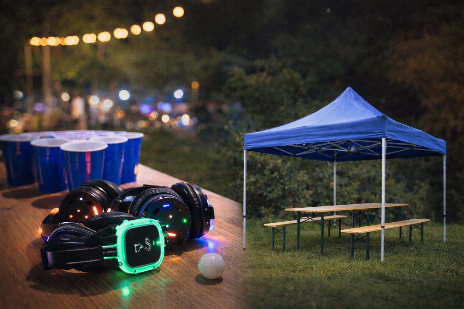 Table with LED-lit headphones and blue beer pong cups next to a picnic area with a blue canopy tent and benches at night.