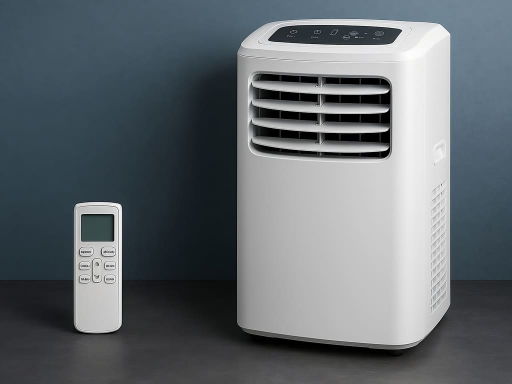 White portable air conditioner with front air vents and a digital control panel on top, accompanied by a matching remote control.