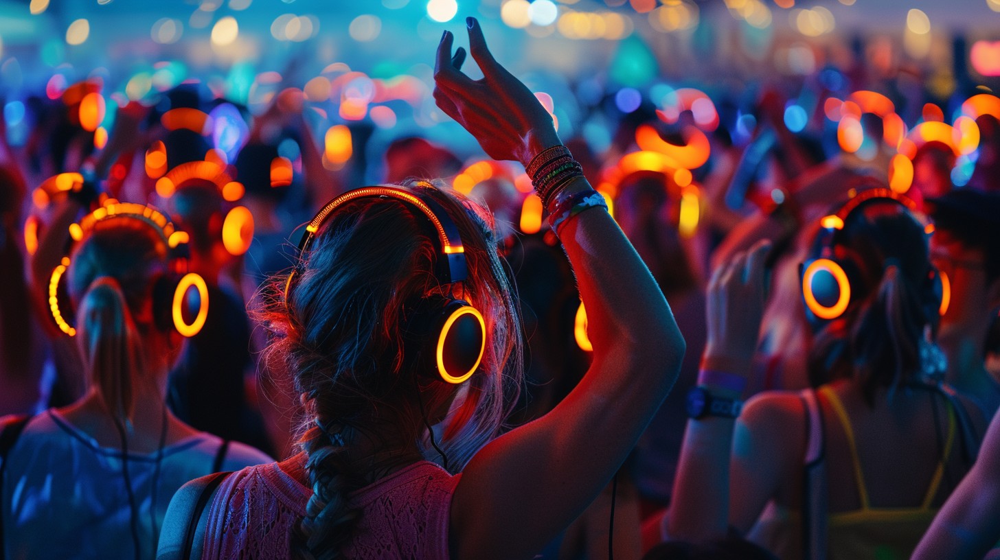 Crowd of people wearing glowing orange headphones dancing at a colorful silent disco party.