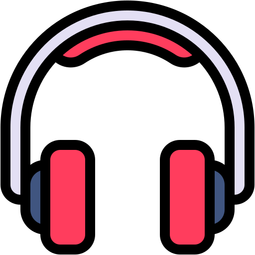 Illustration of over-ear headphones with red ear pads and a lavender headband.