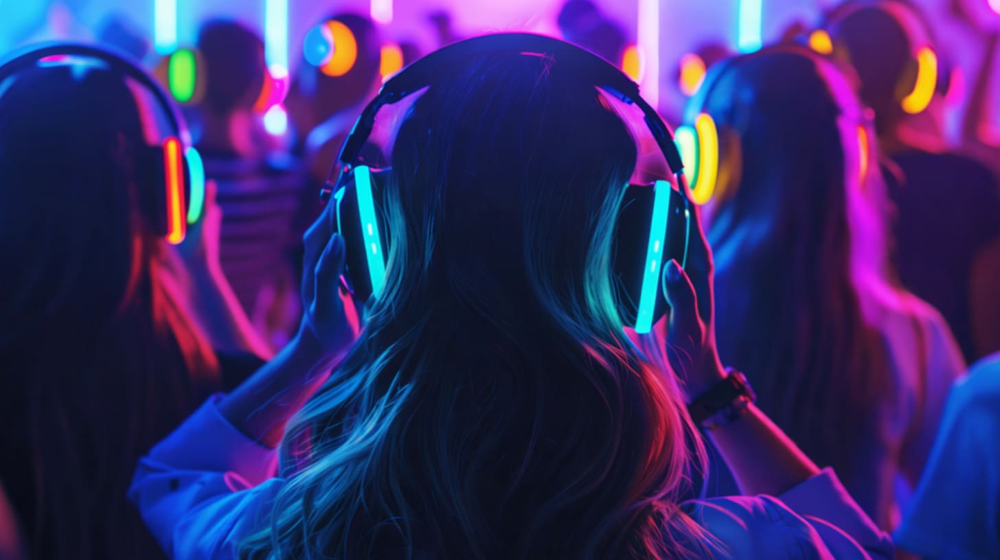 People wearing colorful illuminated headphones at a silent disco party.