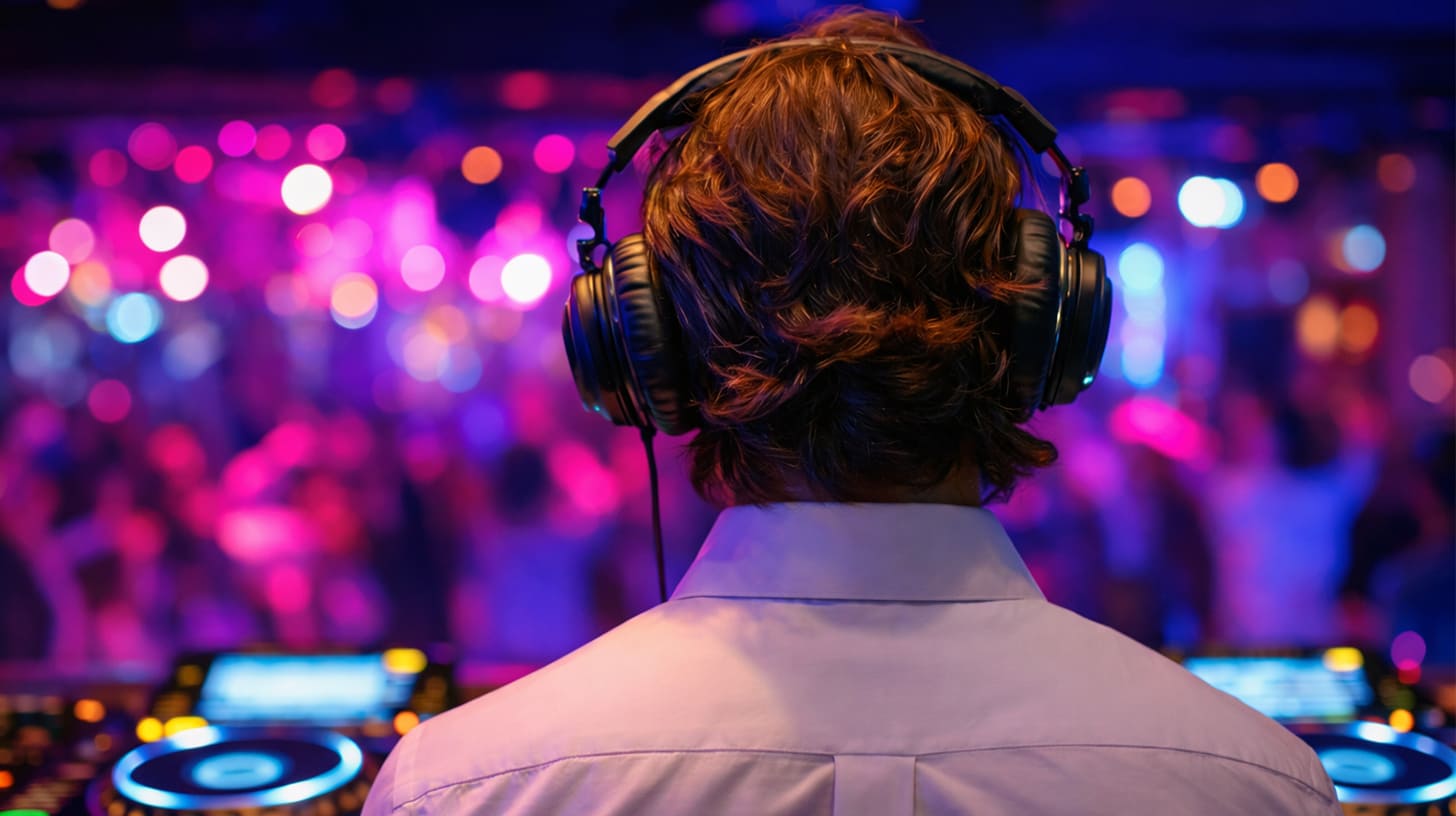 Back view of a DJ wearing headphones performing at a club with colorful blurred lights and dancing crowd in the background.