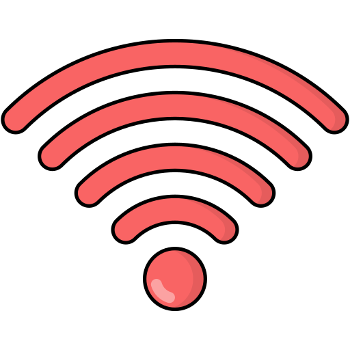 Red Wi-Fi signal icon with four curved bars and a central dot on a black background.
